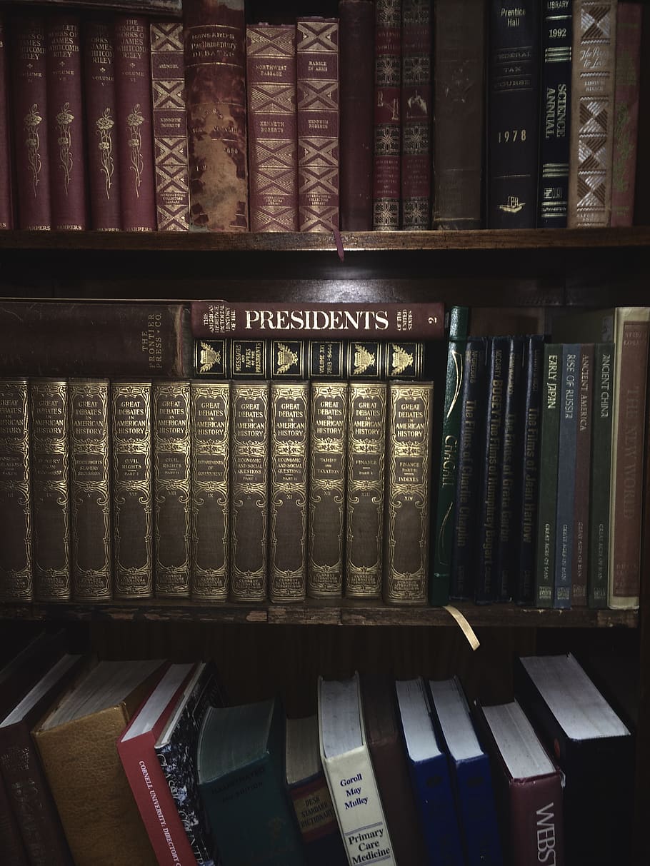 books, bookcase, bookcases, black, red, president, presidents, HD wallpaper