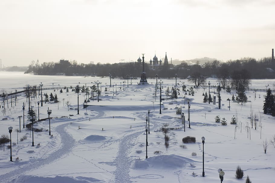 yaroslavl, arrow, park, winter, quay, volga, river, snow, cold temperature HD wallpaper
