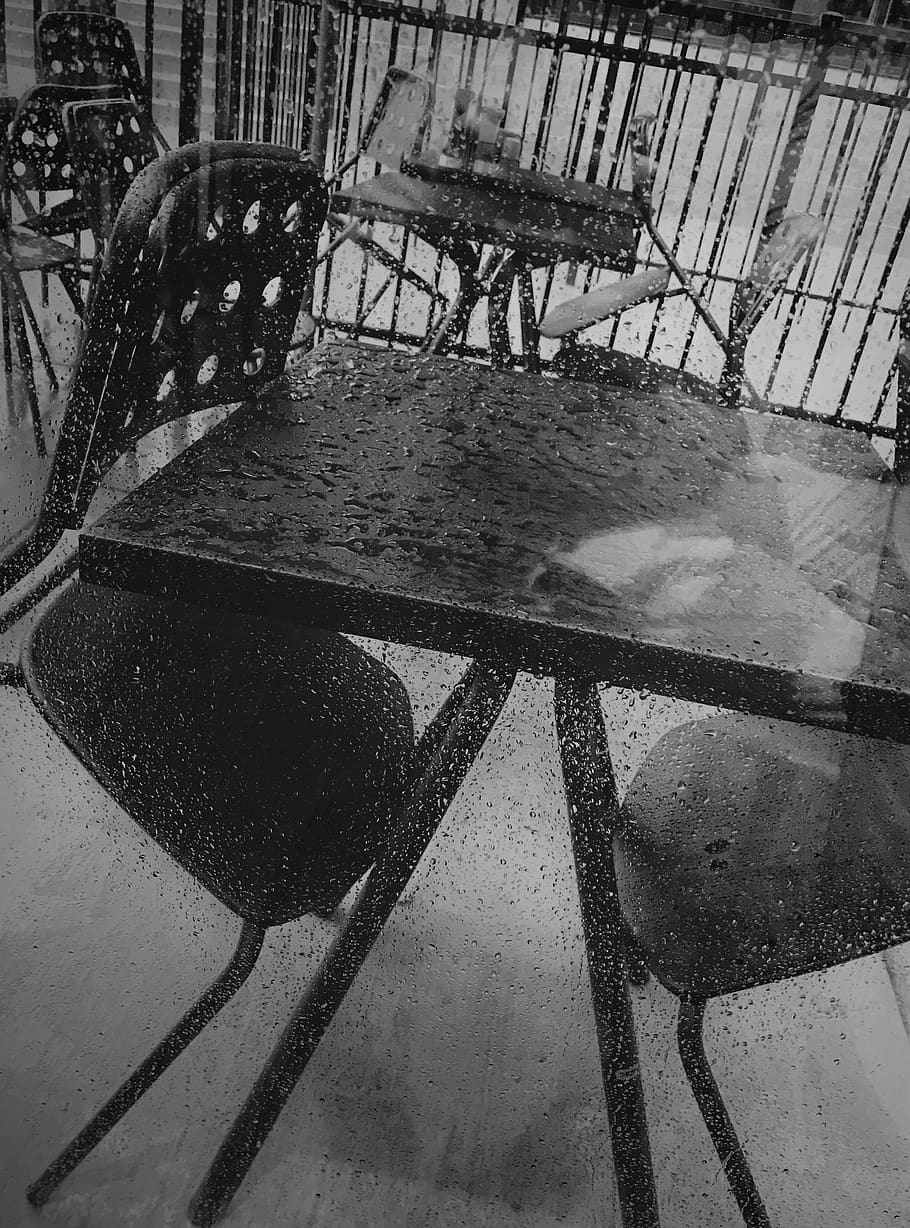 united states, owings mills, rain, chairs, window, fence, water, HD wallpaper