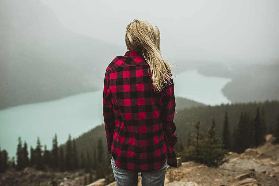 girl, blonde, woman, flannel, plaid, lake, forest, mountain
