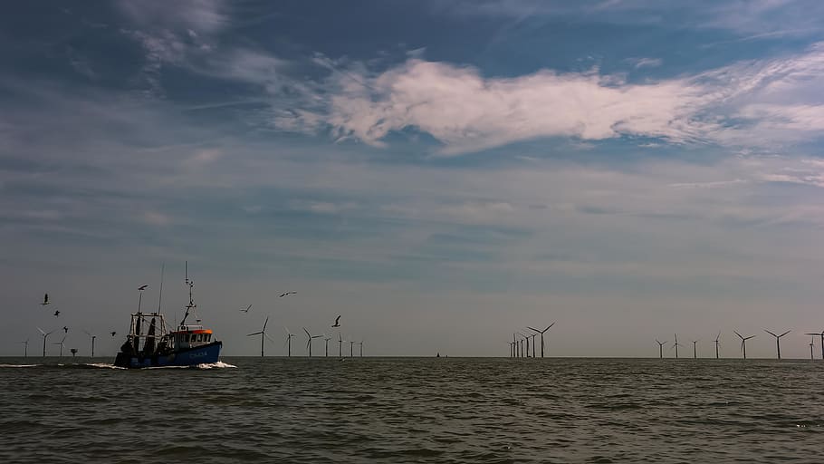 north sea, fishing boat, wind farm, windmill, wind turbine, HD wallpaper