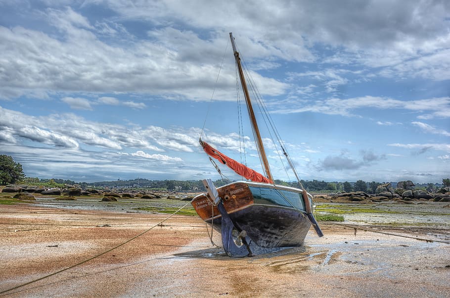 yachts, brittany, ebbe, sand, sky, water, low tide, cloud - sky HD wallpaper