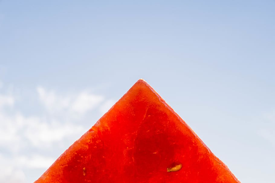 summer, sky, melon, fruit, detail, red, blue, copy space, triangle shape HD wallpaper
