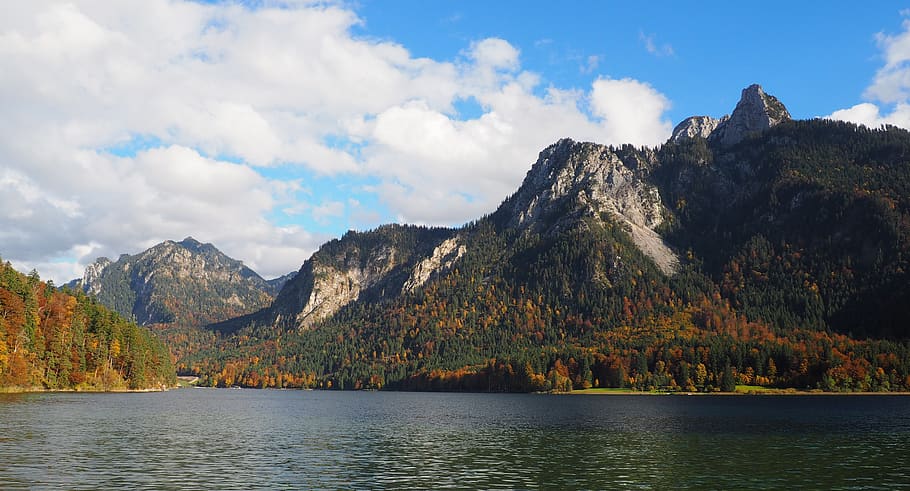 mountain, lake, sky, forest, fall, hiking, nature, landscape HD wallpaper