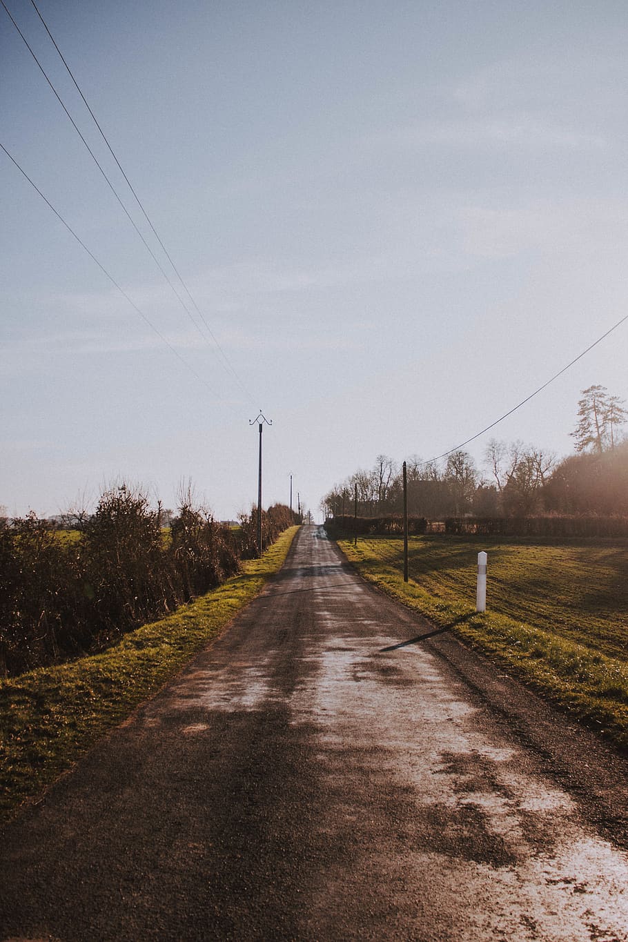 concrete road during daytime, sky, cable, electricity, the way forward HD wallpaper