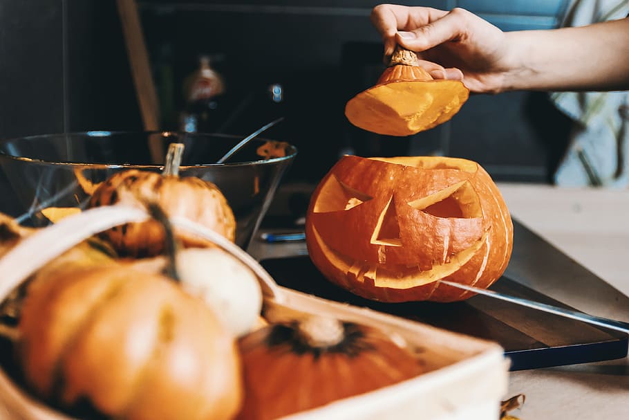 Girls hands carve the pumpkin. Halloween., food and drink, holding HD wallpaper