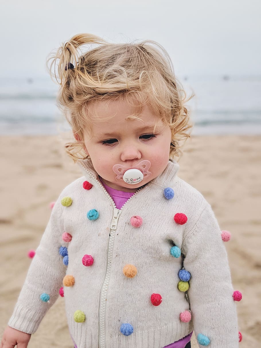 toddler's with pacifier, beach, child, innocence, childhood, one person HD wallpaper