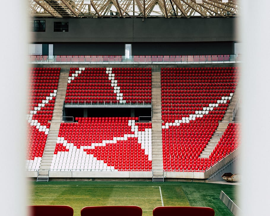 red and white stadium seats, building, nature, outdoors, arena HD wallpaper