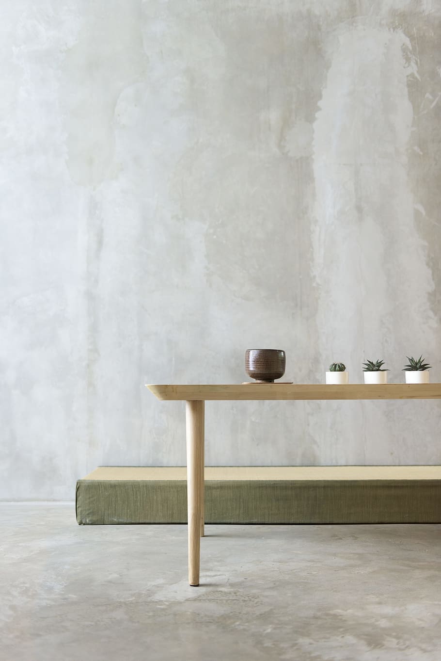 table, plant, wall, modern design, contemporary, concrete, minimal, HD wallpaper