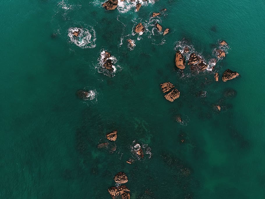 brown rock formations, water, sea, nature, high angle view, turquoise colored HD wallpaper