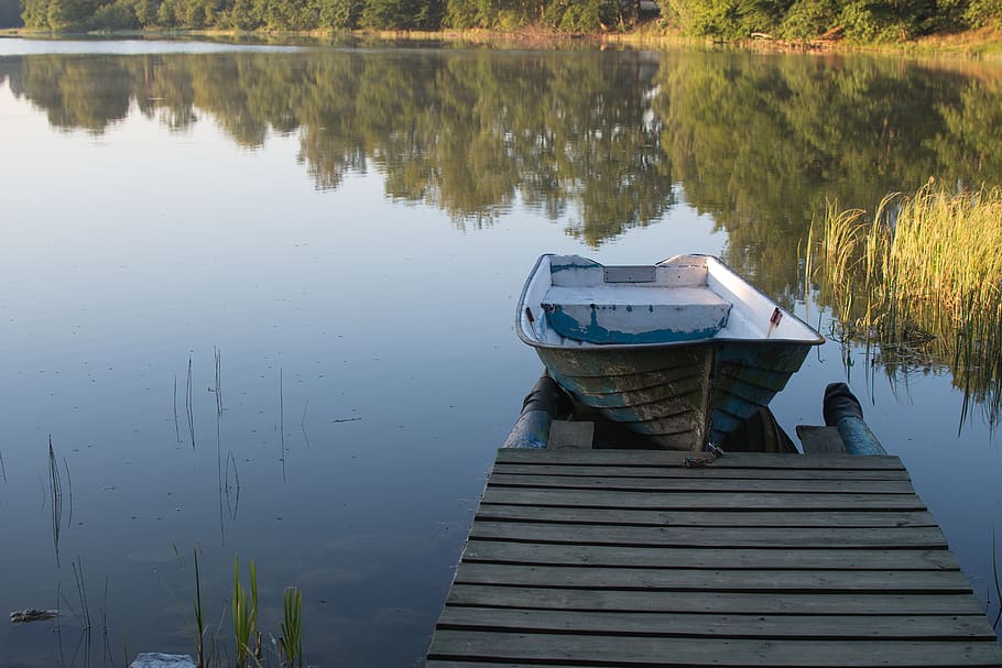 lonely, rusty, paint, water, tree, pier, boat, lake, reflection HD wallpaper