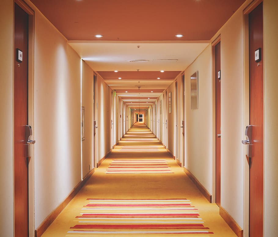 empty hallway with lights turned on, the way forward, architecture HD wallpaper