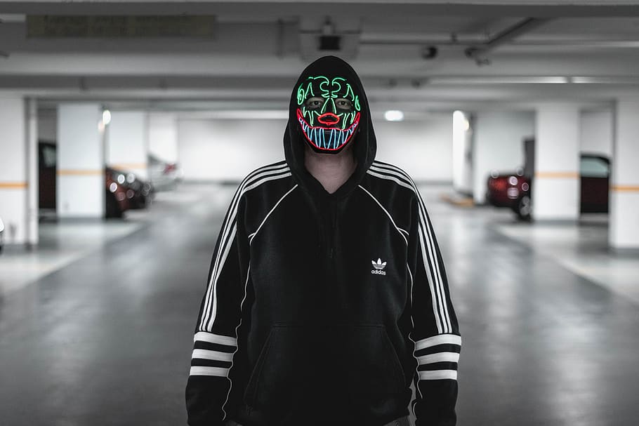 man wearing black and white adidas jacket wearing multicolored mask, HD wallpaper