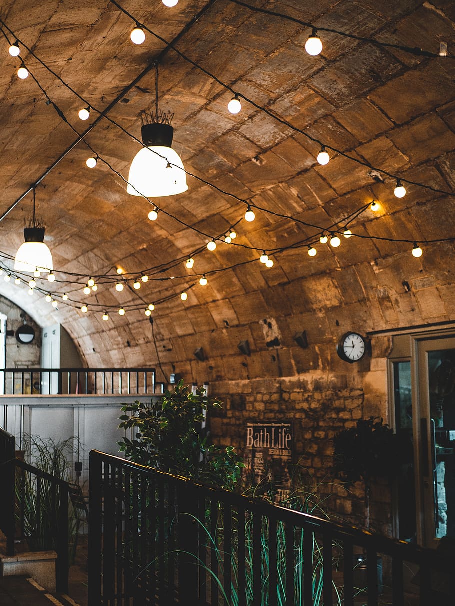 turned on pendant and string lights inside building, lighting equipment HD wallpaper