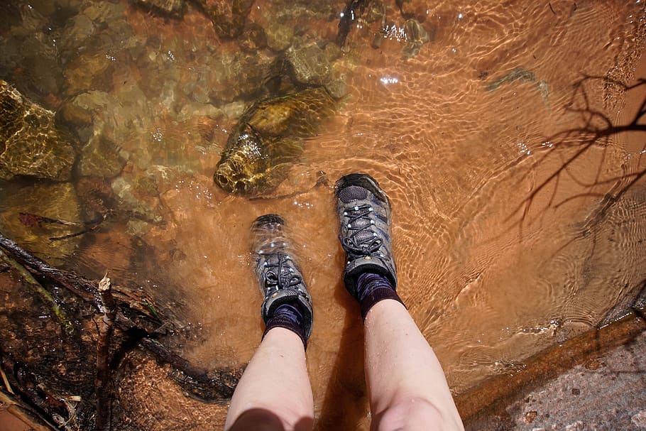 kanarraville falls, water, hiking, boots, wet, socks, low section, HD wallpaper
