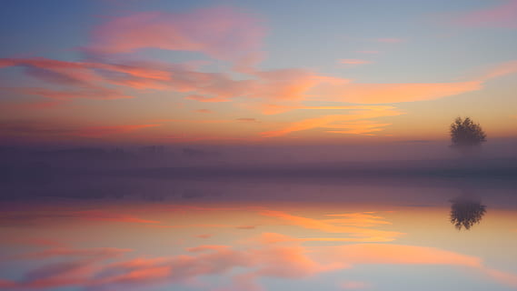 dawn, lake, mirroring, sunset, dusk, evening, landscape, snow HD wallpaper