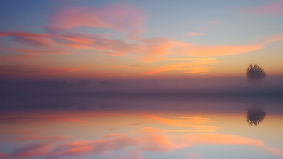 dawn, lake, mirroring, sunset, dusk, evening, landscape, snow HD wallpaper