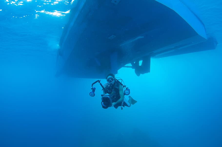 underwater photography of person holding camera, sea, aquatic sport, HD wallpaper