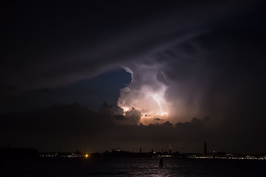 dark, night, clouds, sky, lightning, storm, sea, ocean, water HD wallpaper