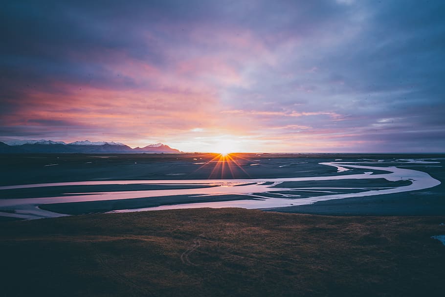 nature, iceland, river, sun, sunrise, sunset, golden, landscape HD wallpaper