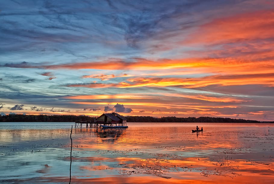 Body of Water, beach, boat, clouds, dawn, landscape, nature, ocean HD wallpaper