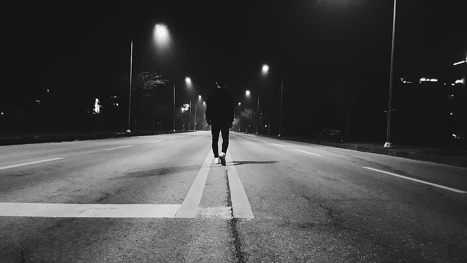 road, man, alone, light, black, walk, street, night, transportation