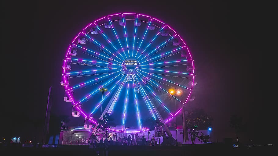 Purple Lighted Ferris Wheel, carnival, circus, dark, energy, enjoyment