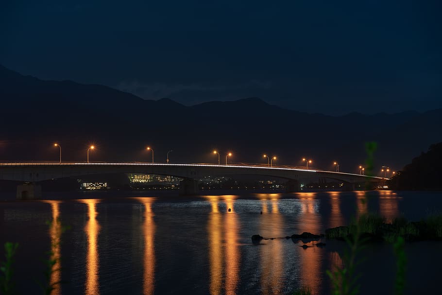 building, bridge, water, nature, outdoors, waterfront, night HD wallpaper