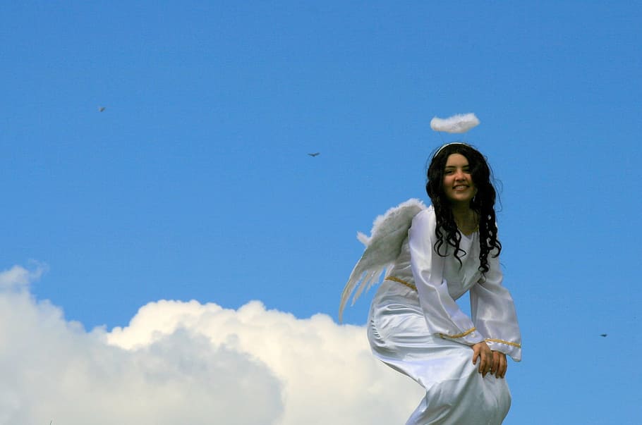 angel, white, clothes, wings, cloud, cloudy, one person, sky HD wallpaper