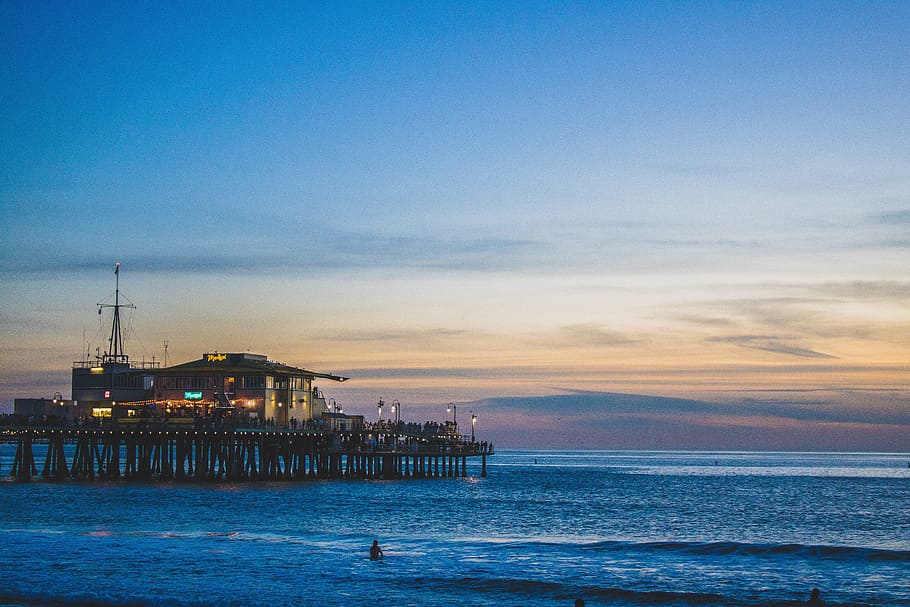 Brown Wooden Building Under Blue Sky, beach, dawn, dusk, harbor HD wallpaper