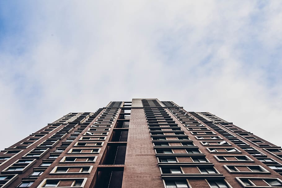 black and brown bed sheet, tall, building, look up, vertical HD wallpaper