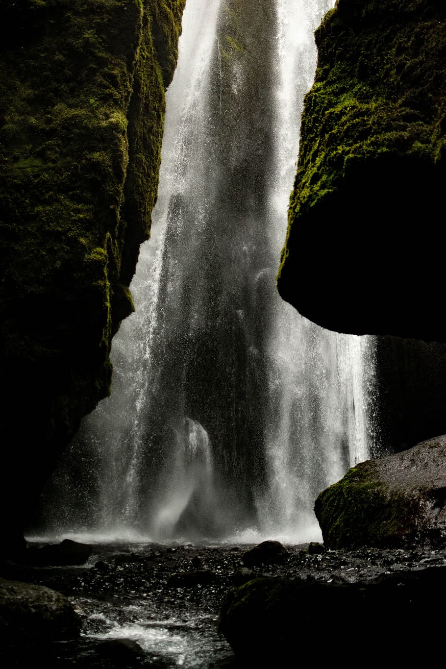 waterfalls, rock, moss, cave, canyon, river, stream, outdoors HD wallpaper