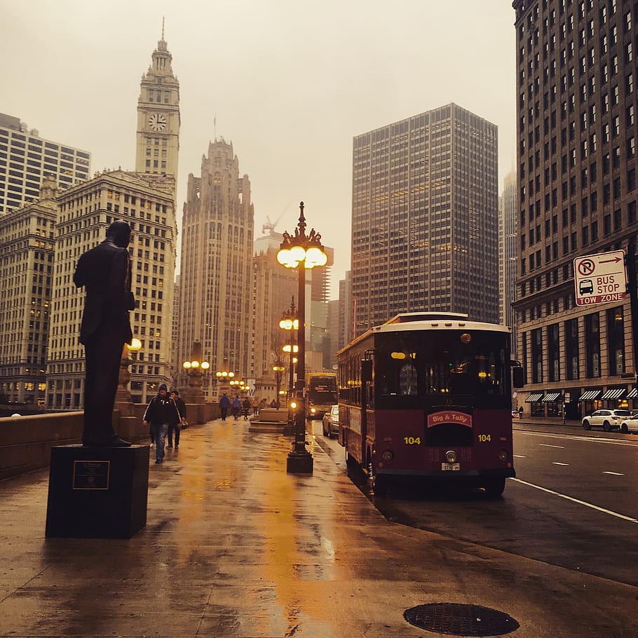 Red Bus, architecture, buildings, bus stop, business, chicago HD wallpaper