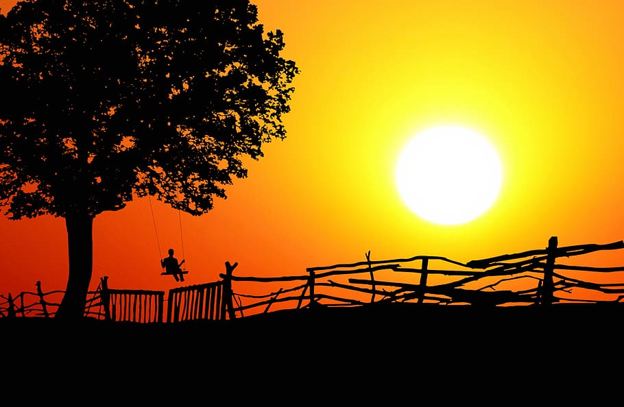 sunset, swing, child, landscape, sky, nature, silhouette, trees HD wallpaper