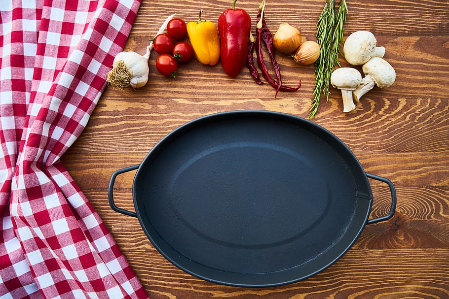 Cast Iron Skillet on Table With Species, background, black, cook HD wallpaper