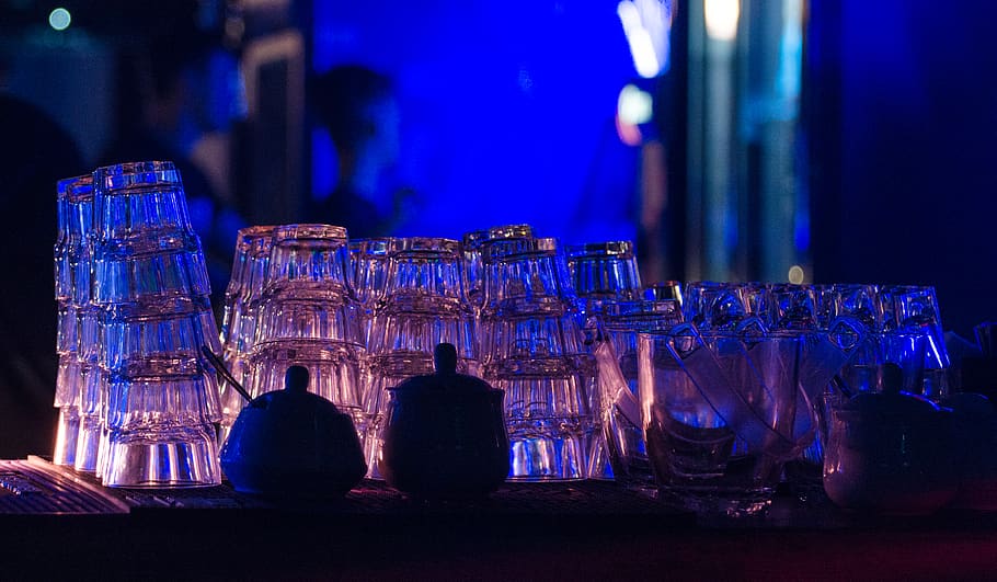 bar, glasses, dark, blue, neon, night club, kitchen, indoors HD wallpaper