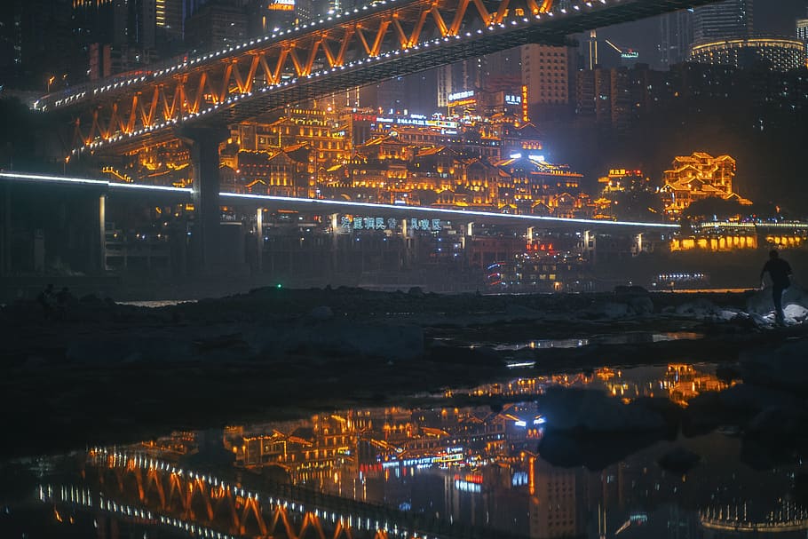 chongqing, city, china, night, bridge, architecture, building exterior, HD wallpaper