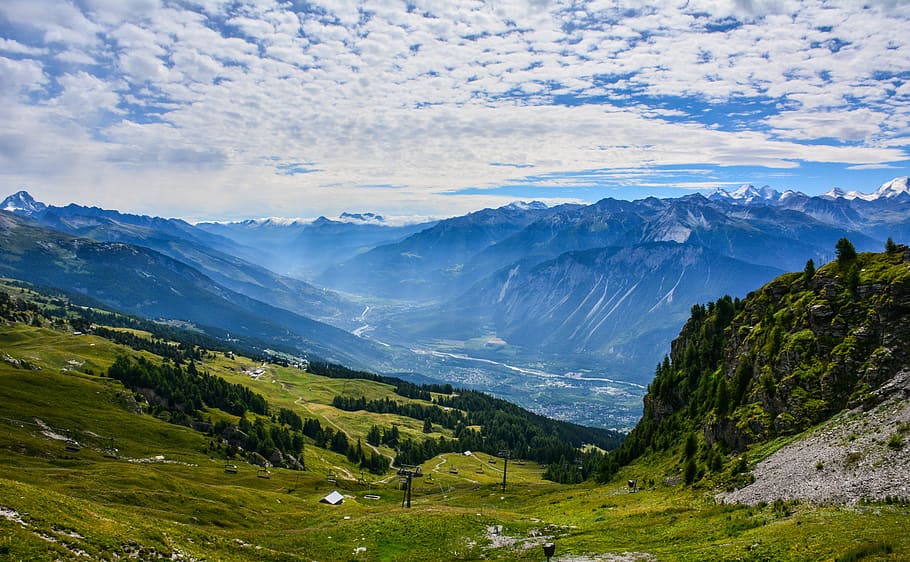 mountain, valley, landscape, sky, summer, nature, scenic, clouds HD wallpaper