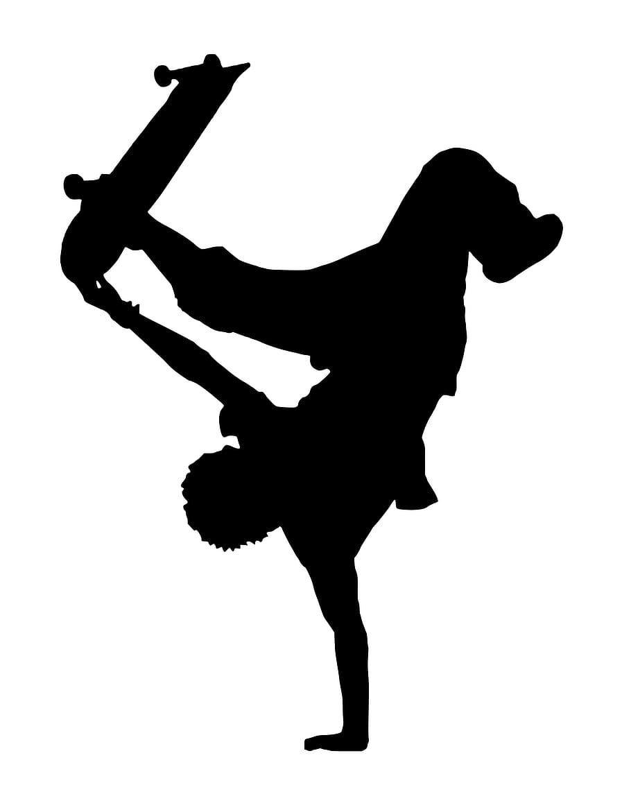Silhouette of skateboarder doing one-armed handstand trick., balance