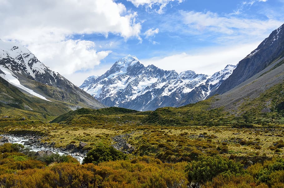 Green Trees Snowy Mountains during Blue Sunny Cloudy Sky, clouds HD wallpaper