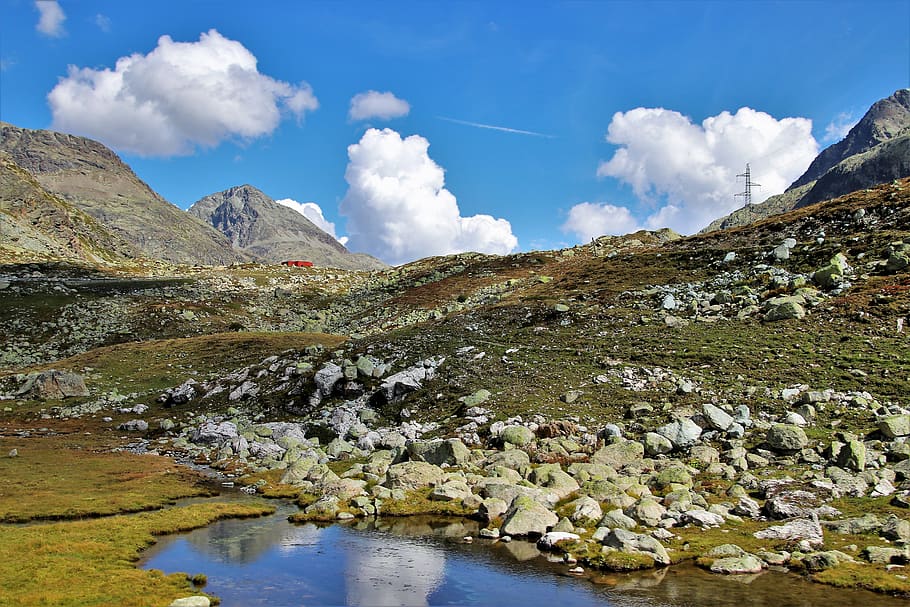 far view, pond, the alps, high, mountains, julierpass, nature HD wallpaper