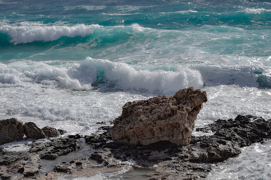 sea, water, waves, seashore, beach, rock, seascape, coast, foam HD wallpaper