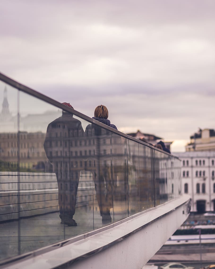 two persons walking on bridge, banister, handrail, railing, boat HD wallpaper