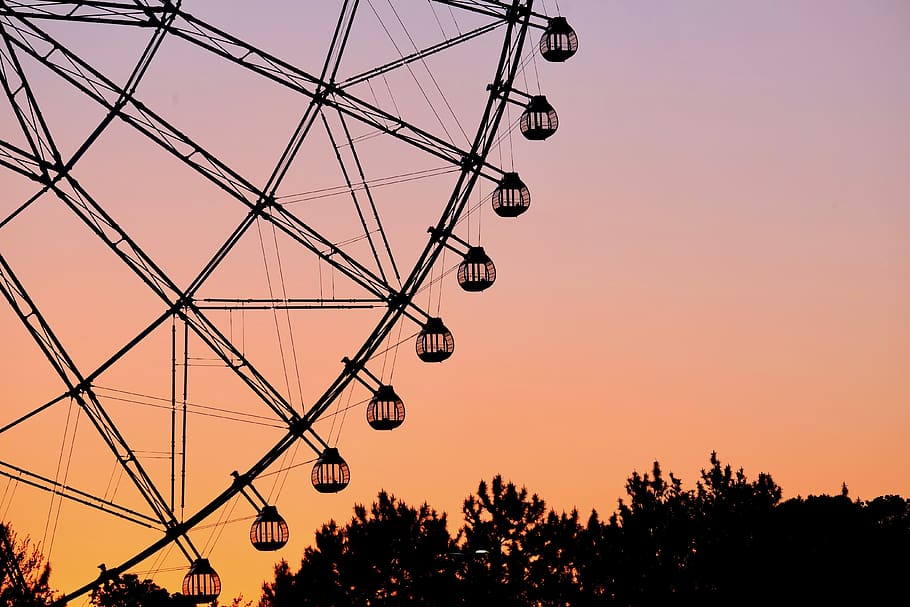 ferris wheel, park, sunset, twilight, silhouette, trees, sky HD wallpaper