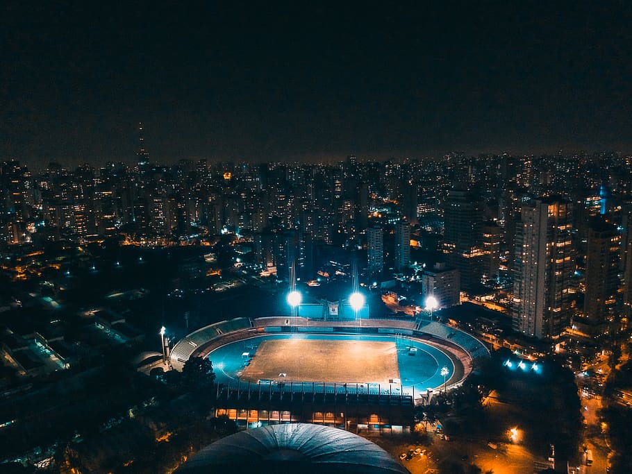 brown and blue stadium, city, urban, building, town, fountain HD wallpaper