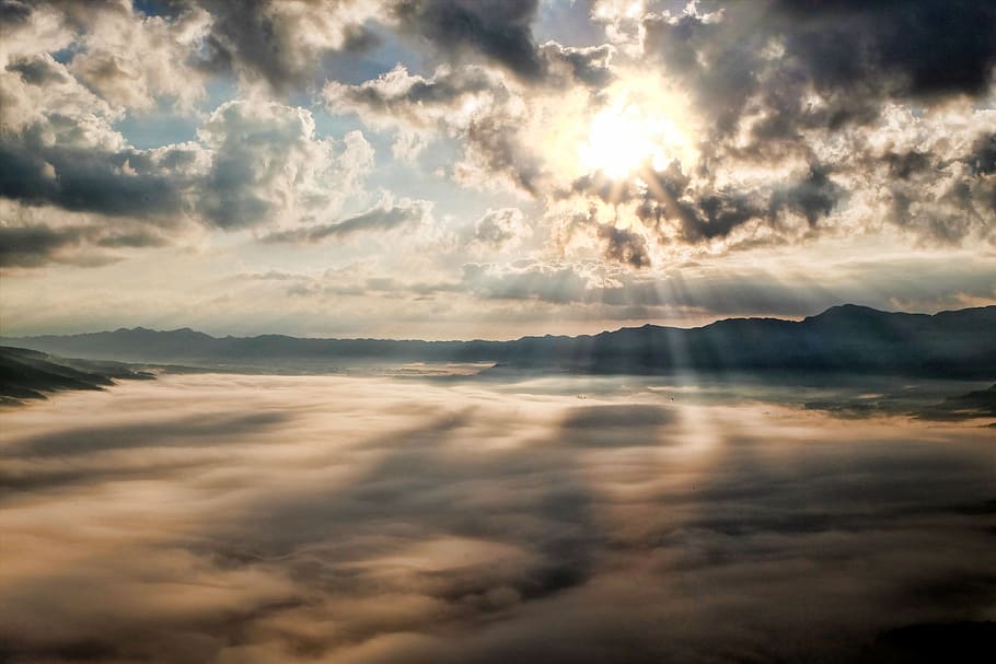 White Clouds With Sun Piercing Through It, light, mountains, nature HD wallpaper