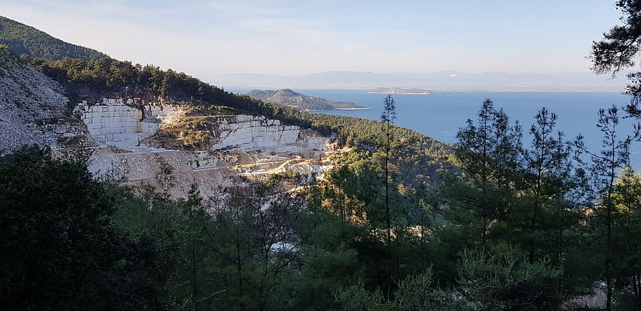 thassos, sea, marble, quarry, removal, mountains, water, pine HD wallpaper