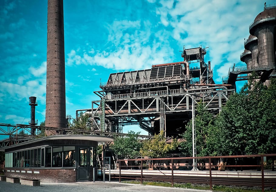 Gray Factory, blue sky, chimney, clouds, energy, fuel, industrial area HD wallpaper