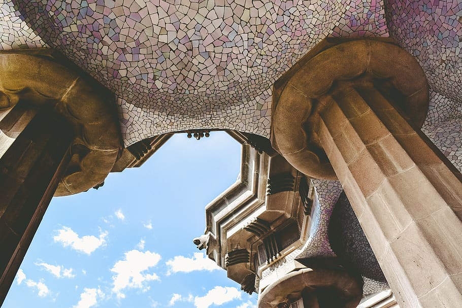 spain, barcelona, park güell, architecture, sky, park guell, HD wallpaper