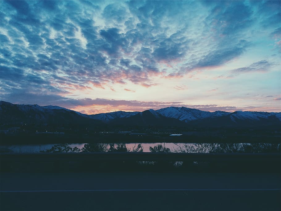 landscape, sunset, dusk, sky, clouds, mountains, lake, water HD wallpaper